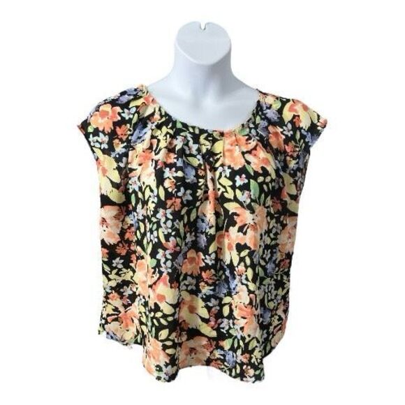 LC Lauren Conrad Women Pleat Neck Blouse Plus Size XXL Black Multicolor Floral - Picture 2 of 11